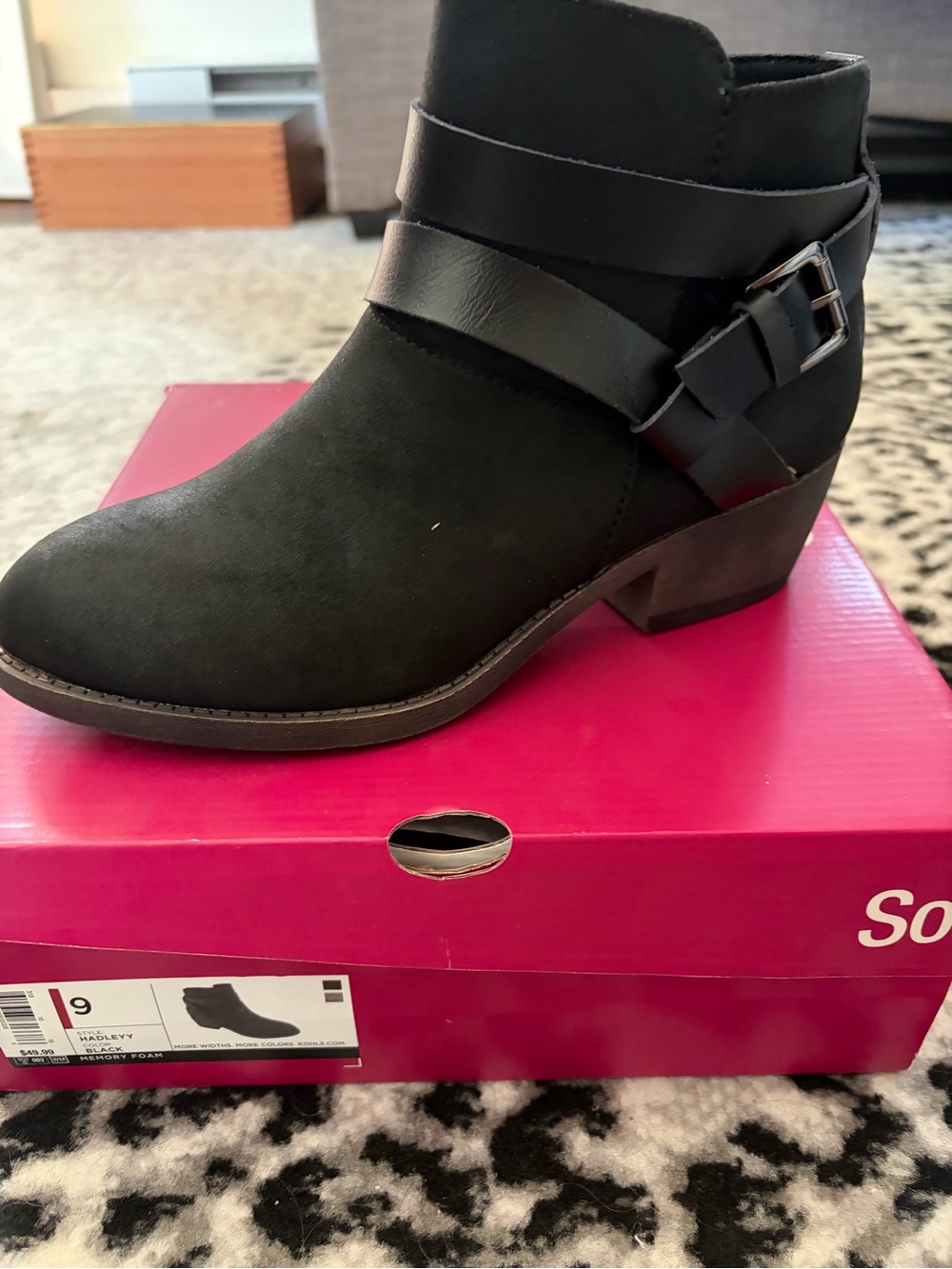 New in box SO Black Ankle Boot with Buckle Strap